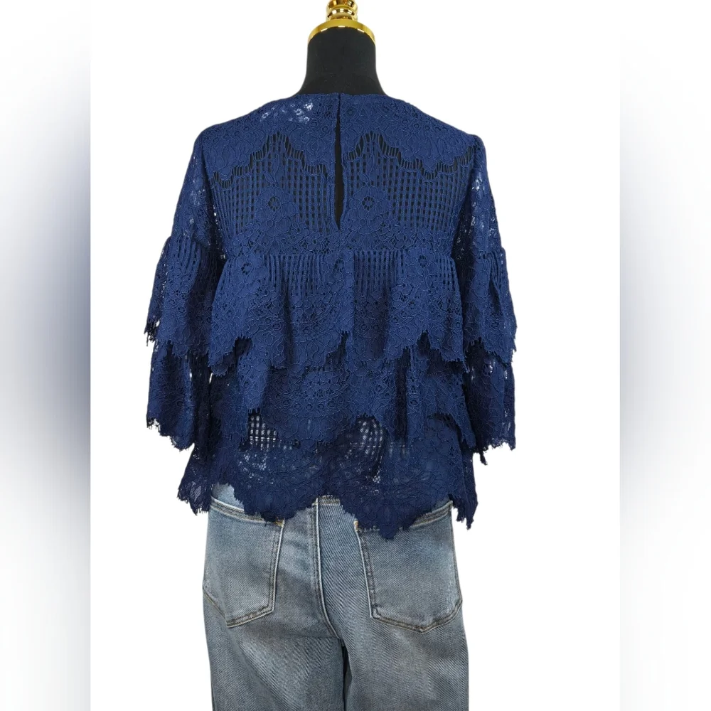Elena Antoniades London Navy Blue Lace Tiered Blouse M | Floral Crochet Top